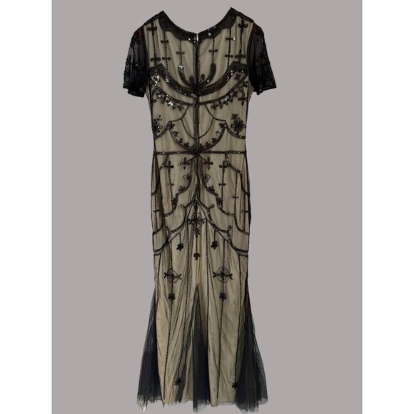Vintage-Inspired Black Sequin Embellished Maxi Gown With Sheer Tulle Overlay & S - Picture 7 of 8